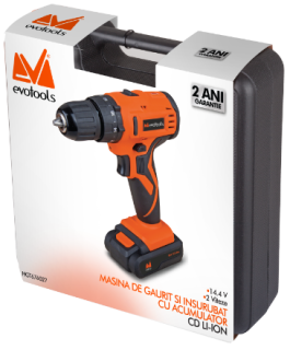 Mașină de Găurit și Înșurubat EvoTools CD 14.4V Li-Ion ( include 2 Acumulatori + Accesorii)