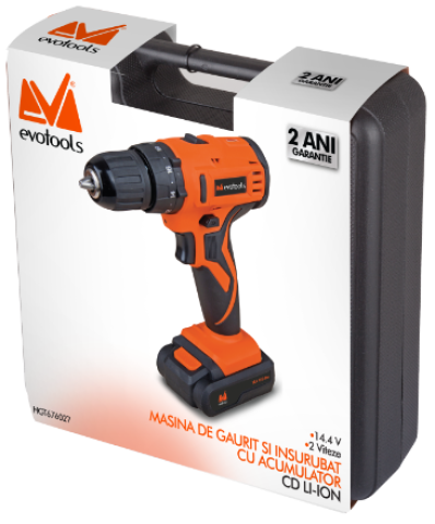 Mașină de Găurit și Înșurubat EvoTools CD 14.4V Li-Ion ( include 2 Acumulatori + Accesorii)