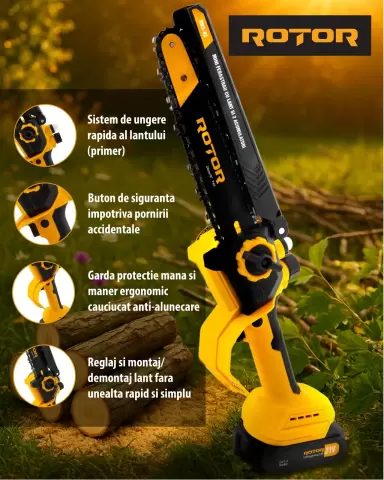 Mini Drujbă cu Acumulator ROTOR RBS-82, 8 Inch, 21V (2 Acumulatori Incluși)