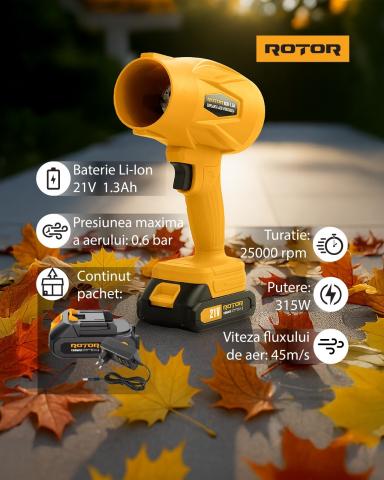 Suflantă aer pe acumulator Rotor RCB-1.5A, 315W, 21V/1.3Ah