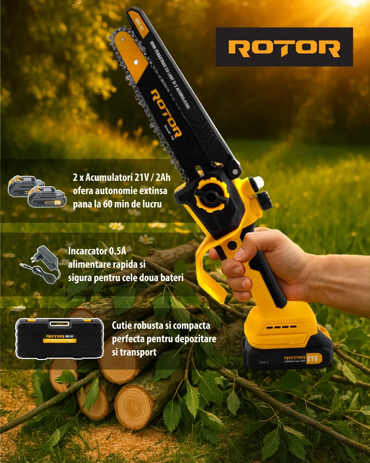 Mini Drujbă cu Acumulator ROTOR RBS-82, 8 Inch, 21V (2 Acumulatori Incluși)